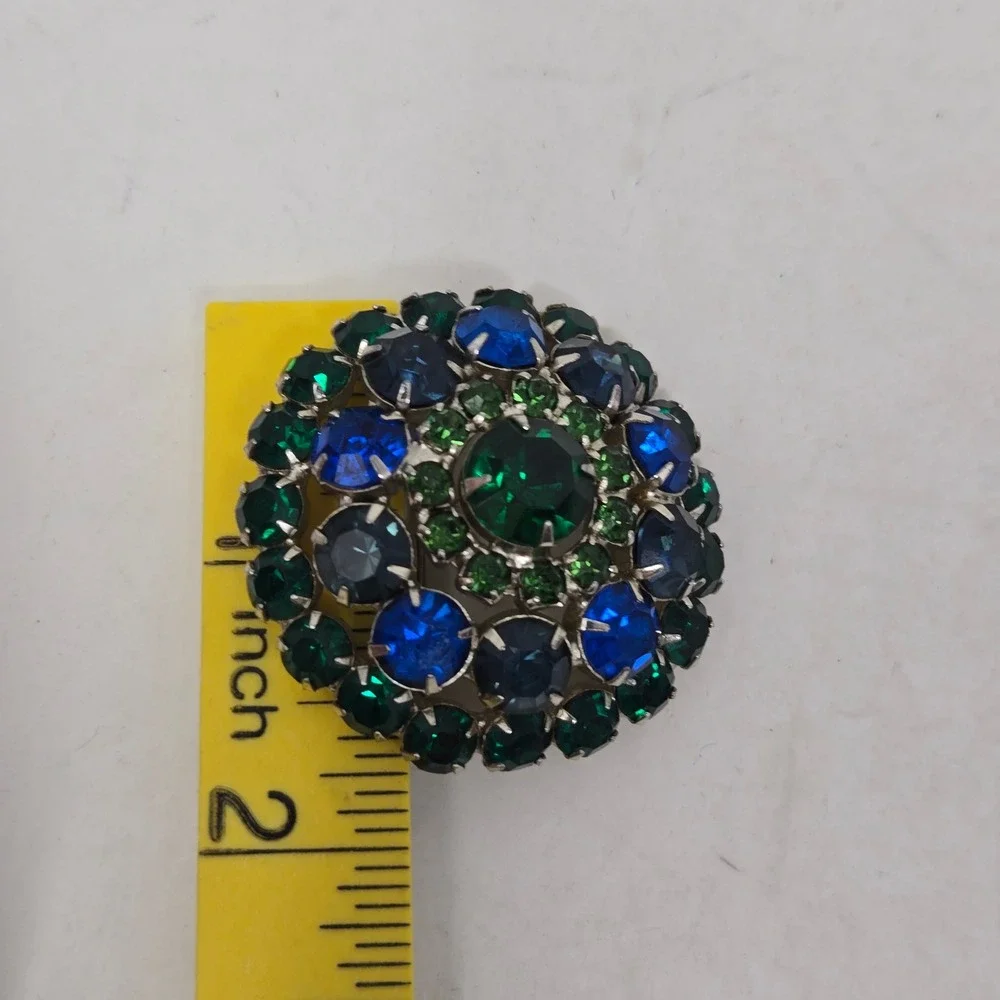 Vintage Austrian Blue Green Rhinestone Domed Brooch Mid Century Peacock Pin